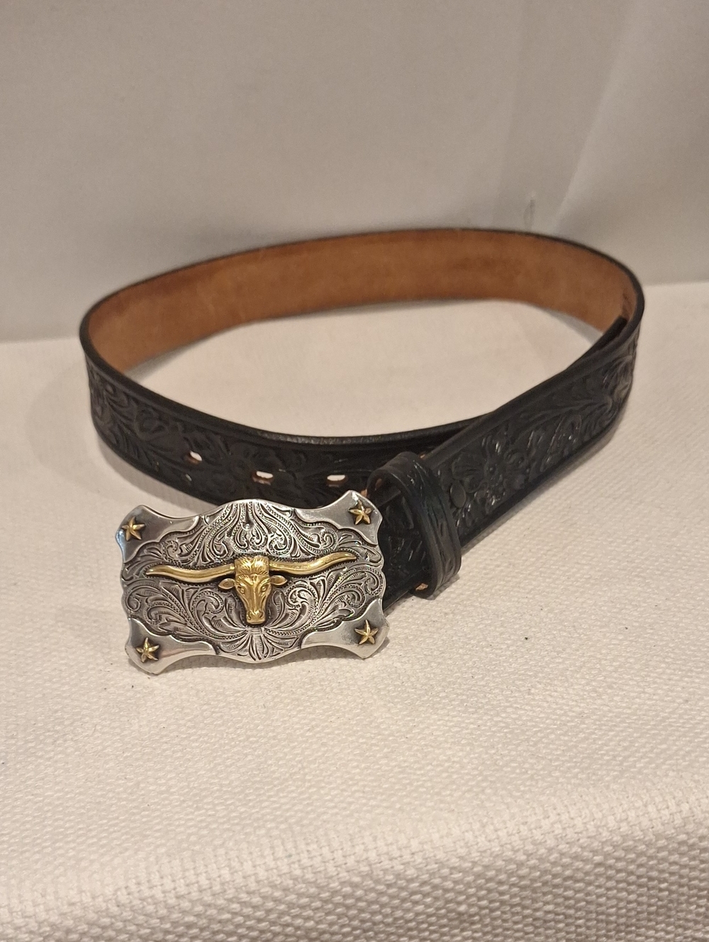 Tony Lama Boys Western Leather Belt with Longhorn Steerhead Buckle - Black